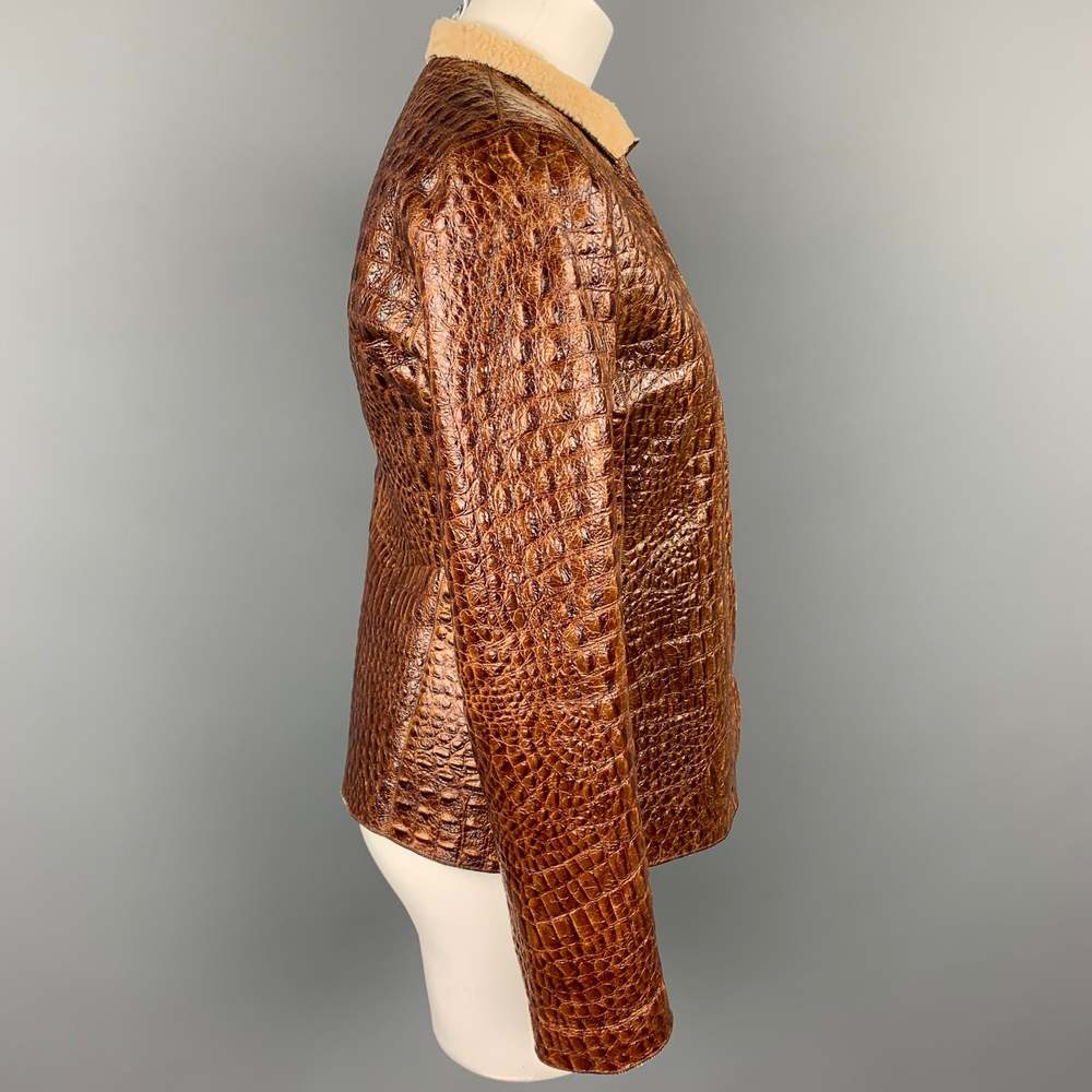 ARMANI COLLEZIONI Size 6 Brown Embossed Leather Jacket - Picture 3 of 6